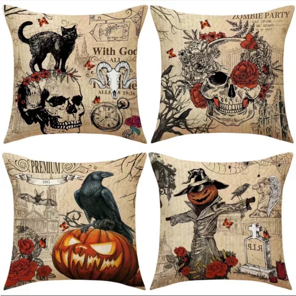 4pcs Vintage Halloween Throw Pillow Covers For Black Cat/Crow/Pumpkin/Skull Thro